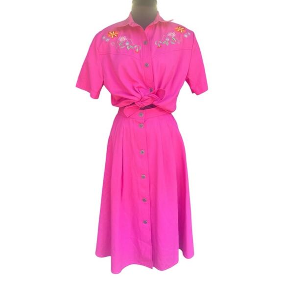 Vtg Pink Denim Western Floral Embroidered Top Midi Skirt Coord Set 8P Girlhood - Picture 1 of 7